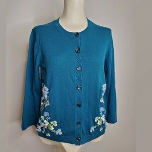 LOFT Teal Cardigan with Floral embroidery